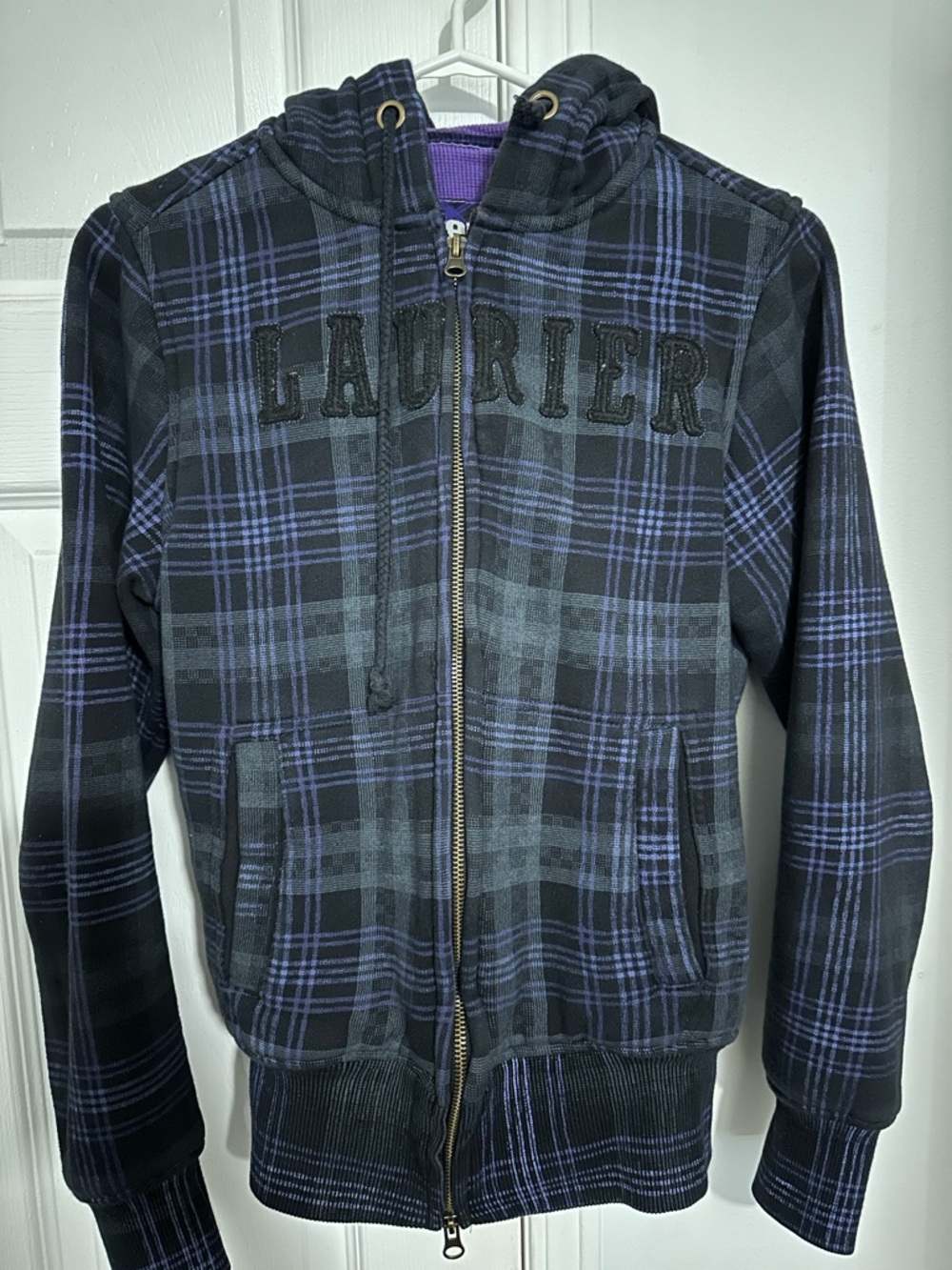 Plaid Zip-Up Hoodie in Black and Purple